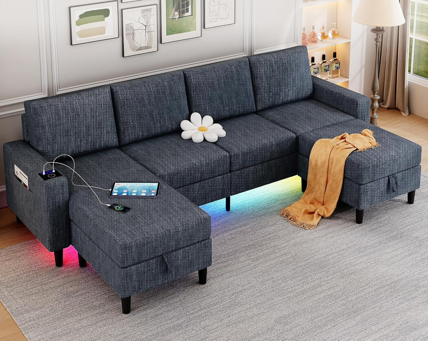 Sectional Couches for Living Room, 4 Seat Linen Sectional Sofa with Reversible Chaise Lounge/Storage Ottoman, U Shaped Couch with Smart Module-Wireless Charging/Usb/Type-C/Rgb Light (Blue)