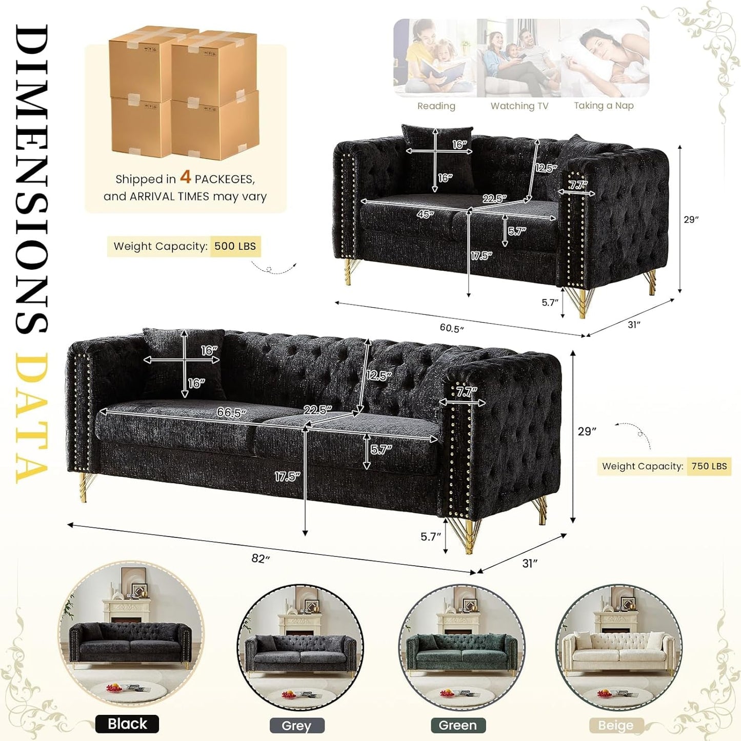 2 Pieces Chenille Living Room Furniture Sofa Couch Set,Button Tufted Comfy Couch with Nailhead Trim&Metal Legs,Mid Century Modern Couch and Loveseat Sets for Living Room(Loveseat+3 Seater Sofa,Black)