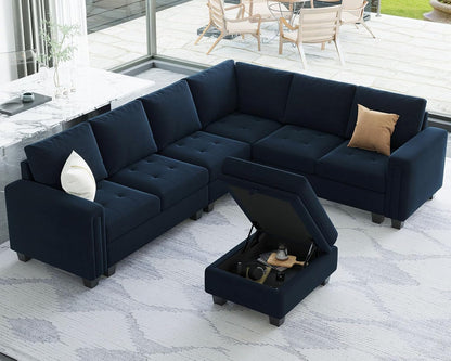 Velvet L Shaped Sofa Couch with Reversible Chaise Convertible Modular Sectional Sofa Set with Storage Ottoman Corner Sofa Set for Living Room Blue