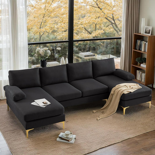 110" Modern U Shaped Sectional Couch with 51"D Double Chaise for Living Room, Black Deep Seat Sectional Sofa Sets with 5.9" Thickness Seating Padding for Home Furniture,Linen Fabric,Metal Legs