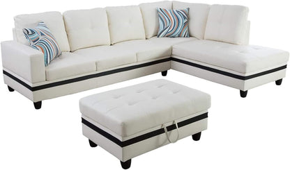 Sectional Sofa Faux Leather Modern L Shaped Couch Set 103.5”Wide Including Chaise and 3 Seating Sofa with Storage Ottoman for Living Room Furniture (Right Hand Facing, A-White)