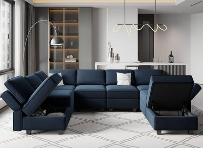 Modular Velvet Sectional Sofa with Storage Seat Oversized U Shaped Couch with Reversible Chaise Sofa Set with Ottoman Blue