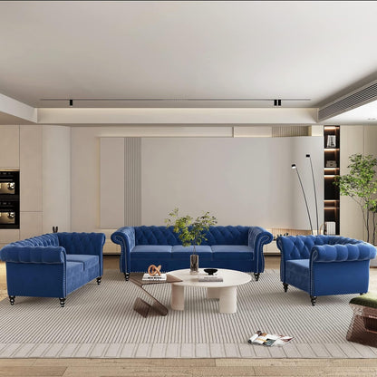 3-Piece Living Room Sectional Sofa Set, Blue Couch Upholstered Sofa Modern Sofa Couches Set Style Button Tufted, Velvet Chesterfield Sofa for Living Room Apartment, 1+2+3 Seat Blue
