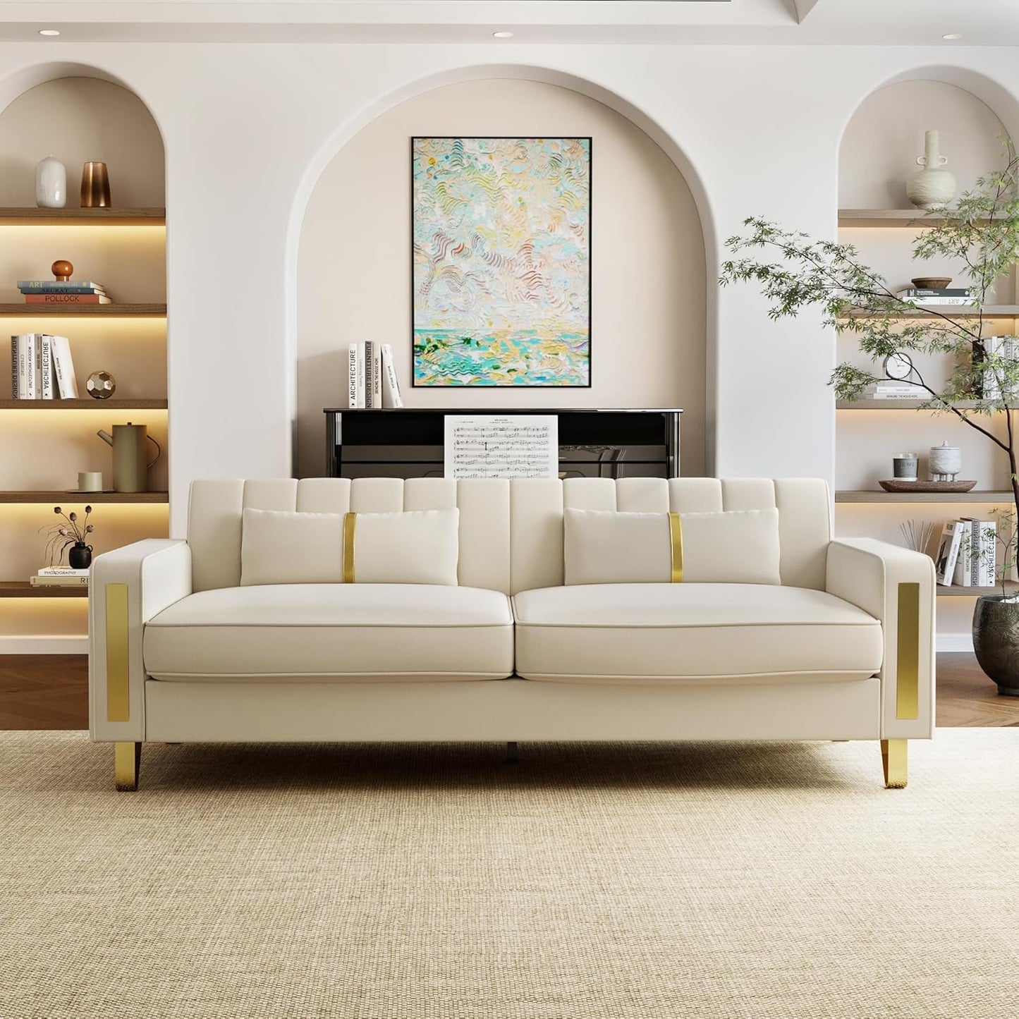 Loveseat Couch for Living Room, 86" Beige Velvet Sofa Couch with 2 Pillows & Gold Metal Legs, Modern Upholstered Sofa Love Seat Sectional Couches for Apartment Home Office