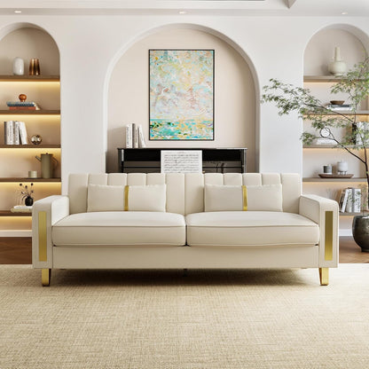 Loveseat Couch for Living Room, 86" Beige Velvet Sofa Couch with 2 Pillows & Gold Metal Legs, Modern Upholstered Sofa Love Seat Sectional Couches for Apartment Home Office