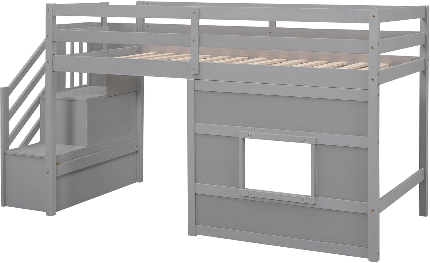 Twin Size Low Loft Bed with Stairs, Kids Loft Bed with Storage,Solid Wood Twin Loft Bed Frame for Kids, Space Saving Low Loft Bed for Boys, Girls, Gray