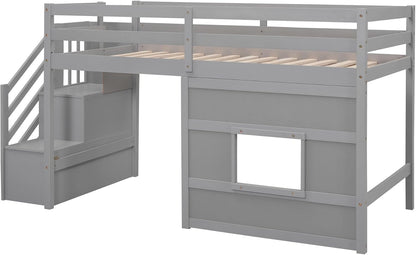 Twin Size Low Loft Bed with Stairs, Kids Loft Bed with Storage,Solid Wood Twin Loft Bed Frame for Kids, Space Saving Low Loft Bed for Boys, Girls, Gray