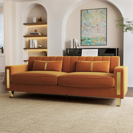 2-Piece Loveseat Couch Set for Living Room, 86" Orange Velvet Sofa Couch with 4 Pillows & Gold Metal Legs, Modern Upholstered Sofa Set Love Seat Sectional Couches for Apartment Home Office