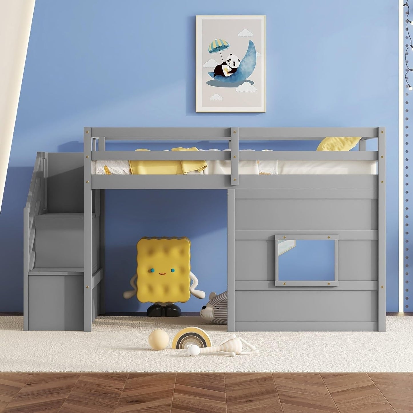Twin Size Low Loft Bed with Stairs, Kids Loft Bed with Storage,Solid Wood Twin Loft Bed Frame for Kids, Space Saving Low Loft Bed for Boys, Girls, Gray