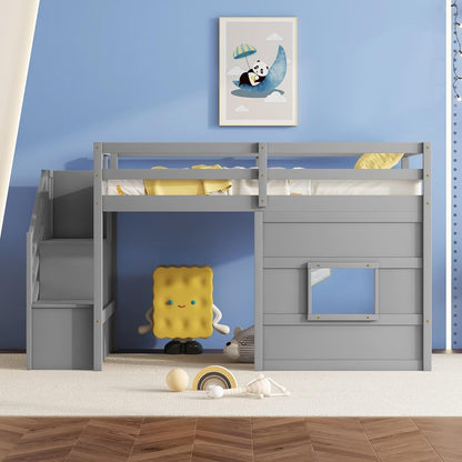 Twin Size Low Loft Bed with Stairs, Kids Loft Bed with Storage,Solid Wood Twin Loft Bed Frame for Kids, Space Saving Low Loft Bed for Boys, Girls, Gray