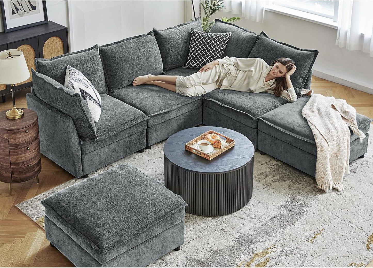 127'' Modular Sectional Sofa, Oversized U Shaped Couch with Storage Ottoman, Extra Deep Seat, Modern Comfy Chenille Sofa with Chaise, 6 Seat Convertible Couches for Living Room, Grey