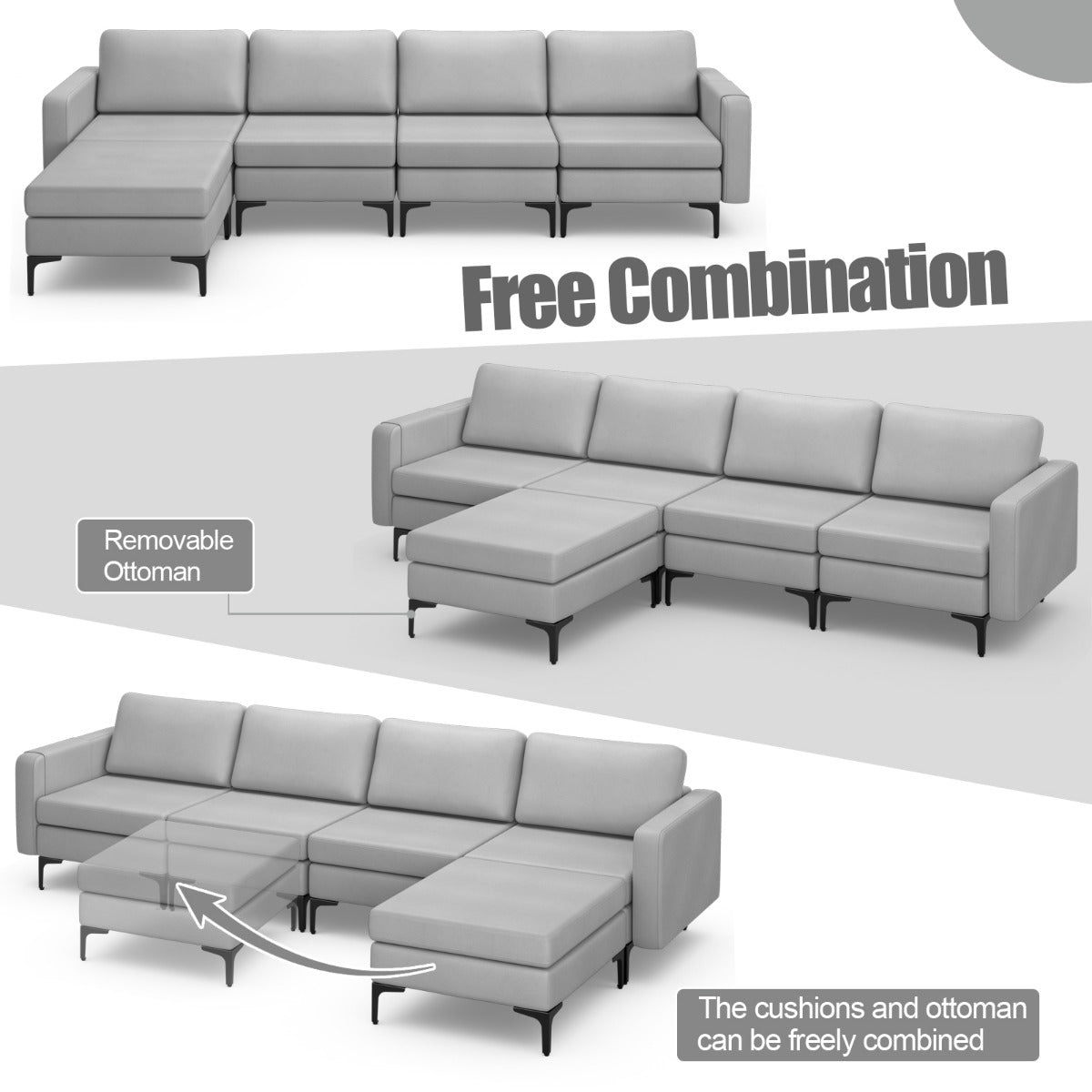 NNECW Sectional Sofa Couch with Reversible Ottoman for Living Room