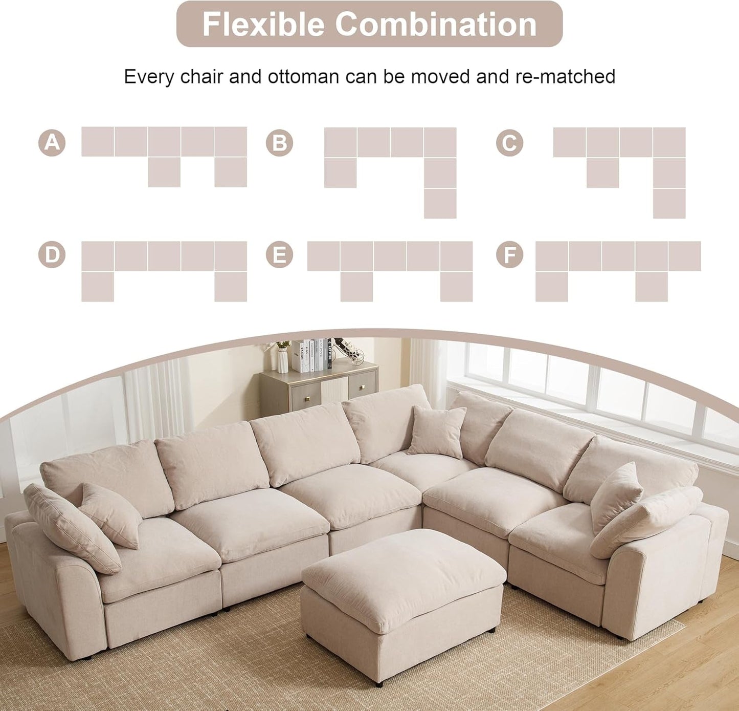 Oversized U Shaped Modular Sectional Sofa with Ottoman