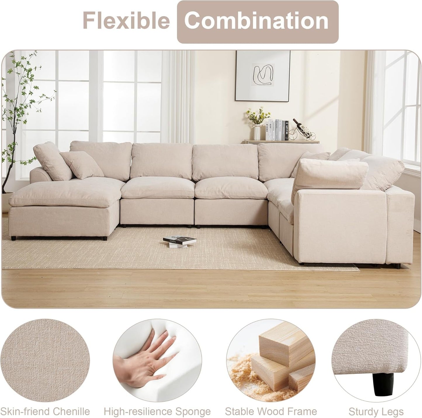 Oversized U Shaped Modular Sectional Sofa with Ottoman